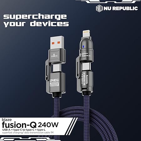 PowerBlitz 4-in-1 Fast Charging Cable – 240W, USB-A & Type-C to Type-C/Lightning