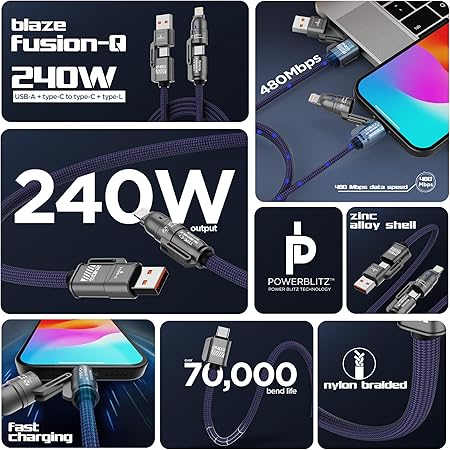 PowerBlitz 4-in-1 Fast Charging Cable – 240W, USB-A & Type-C to Type-C/Lightning