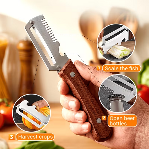 2-in-1 Stainless Steel Vegetable Peeler with Wooden Handle & Bottle Opener