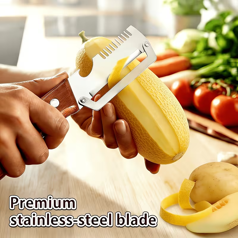 2-in-1 Stainless Steel Vegetable Peeler with Wooden Handle & Bottle Opener