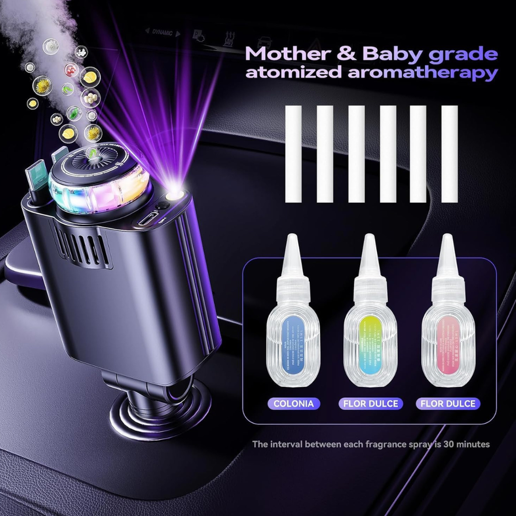 4-in-1 Car Charger with Retractable Cable, LED Glow & Air Freshener