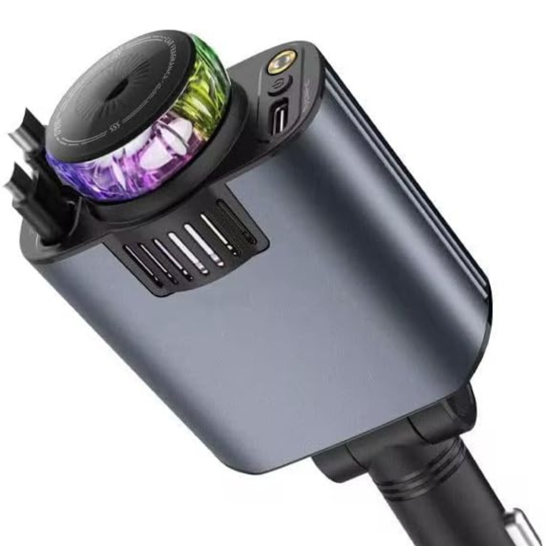 4-in-1 Car Charger with Retractable Cable, LED Glow & Air Freshener