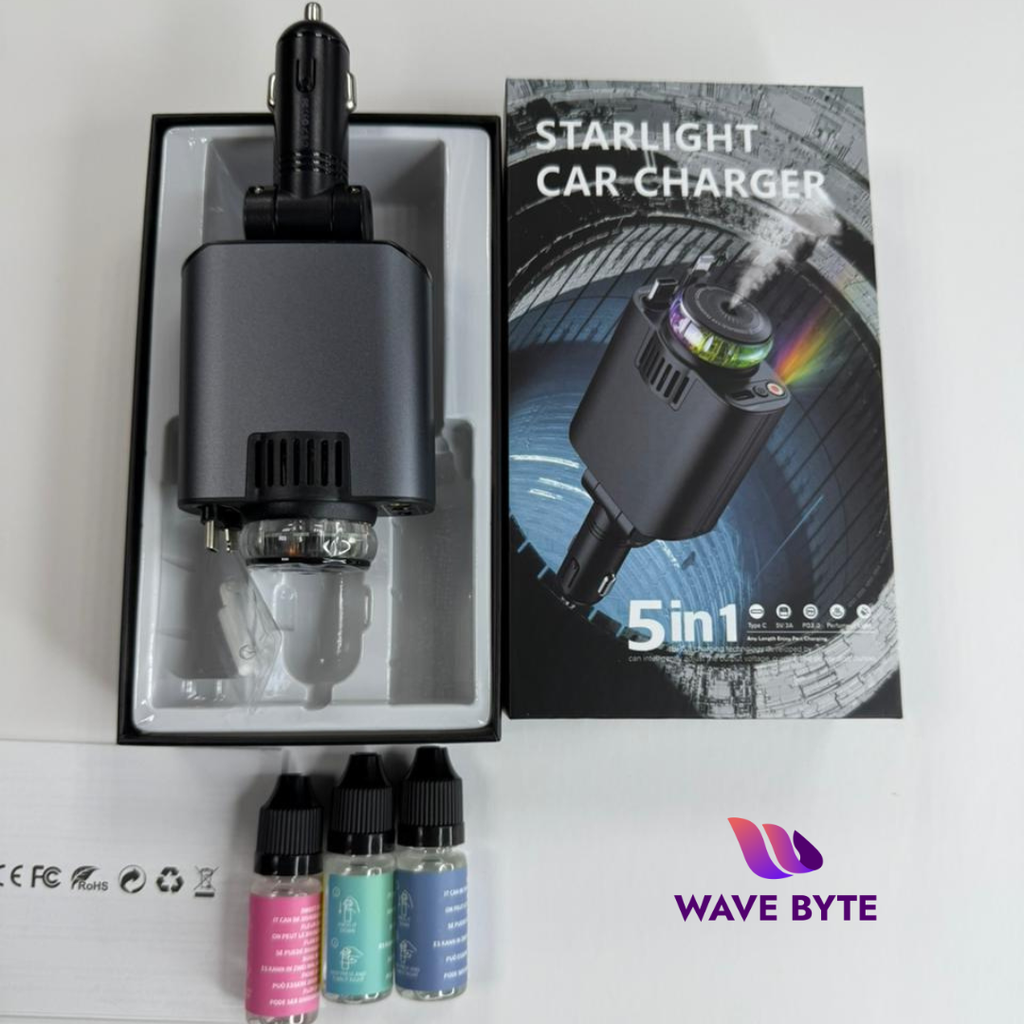 4-in-1 Car Charger with Retractable Cable, LED Glow & Air Freshener