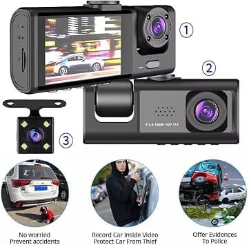 3 Channel 1080P Dash Cam Front, Rear & Inside – Night Vision, 64GB, Park Mode