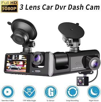 3 Channel 1080P Dash Cam Front, Rear & Inside – Night Vision, 64GB, Park Mode