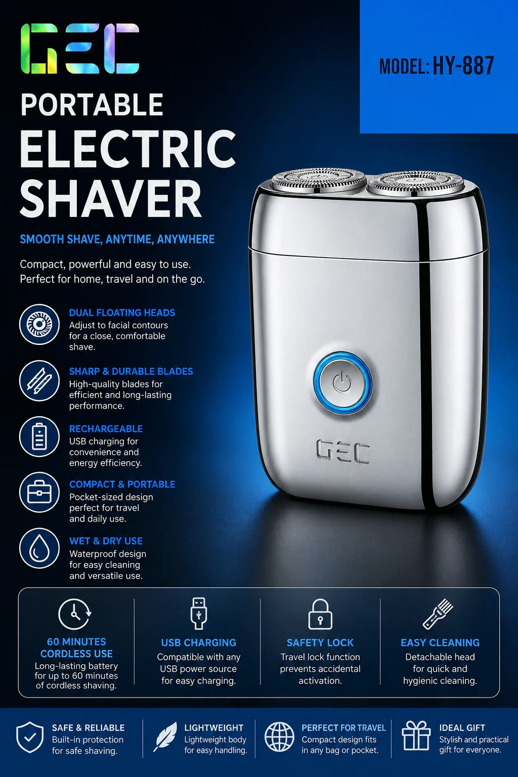 GEC HY-887 Electric Shaver – Dual Rotary Wet & Dry