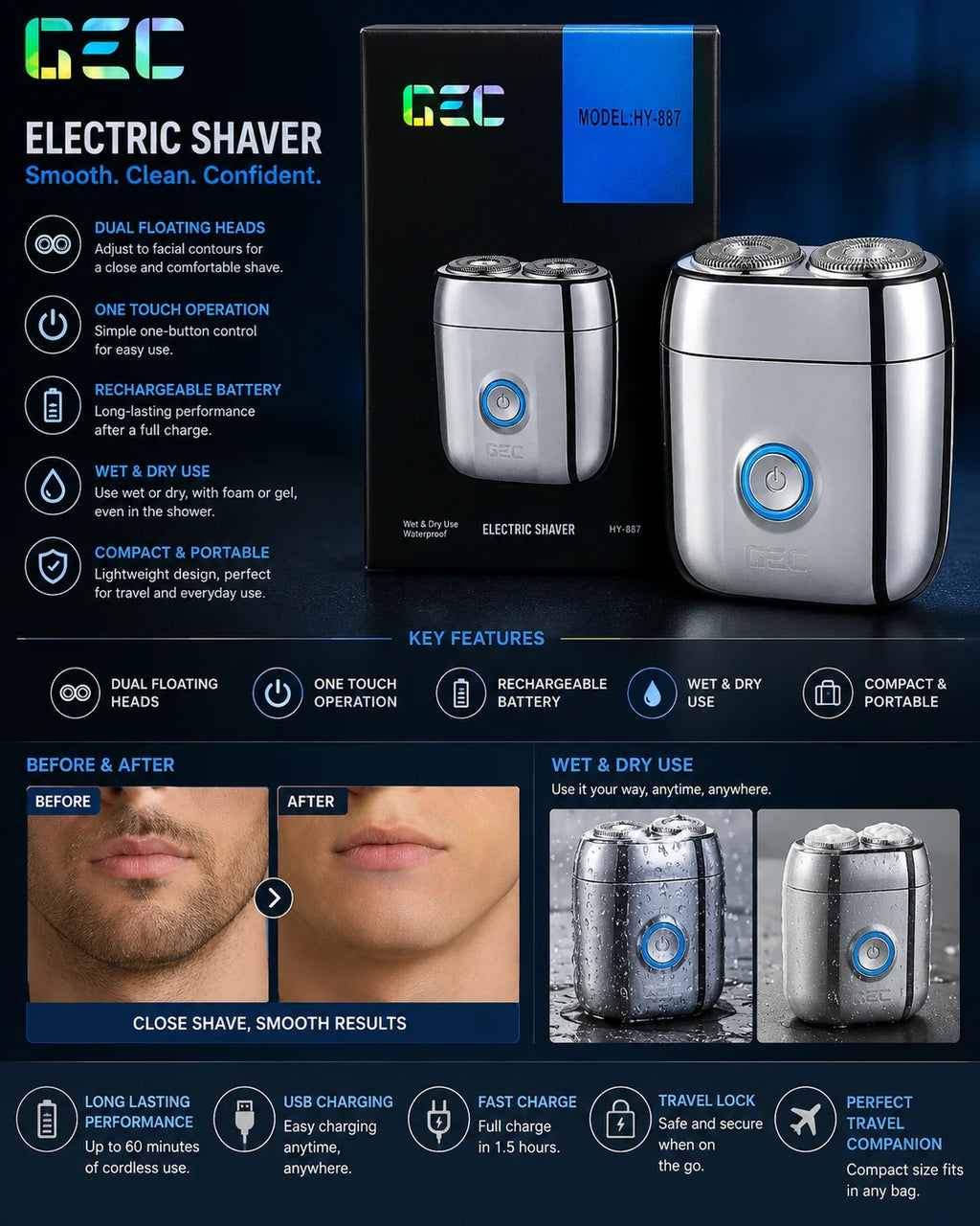 GEC HY-887 Electric Shaver – Dual Rotary Wet & Dry