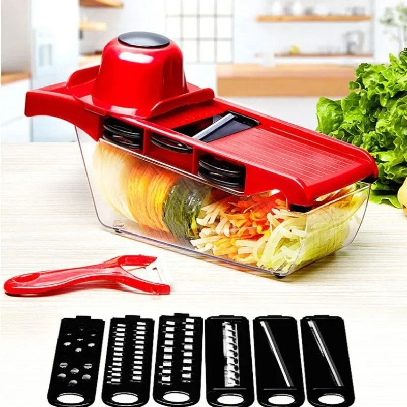 5-Blade Vegetable Slicer with Built-in Basket, Hand Guard & Drainage Box