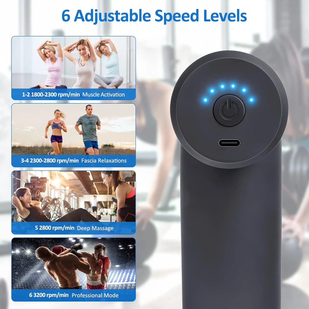 Mini Massage Gun – 6 Speeds, 4 Heads, 35dB Quiet, Fast Charging Deep Tissue Massager