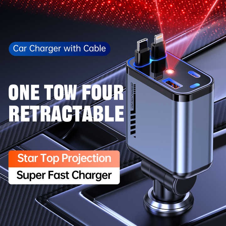 66W Retractable Car Charger with Type-C & Lightning Cables