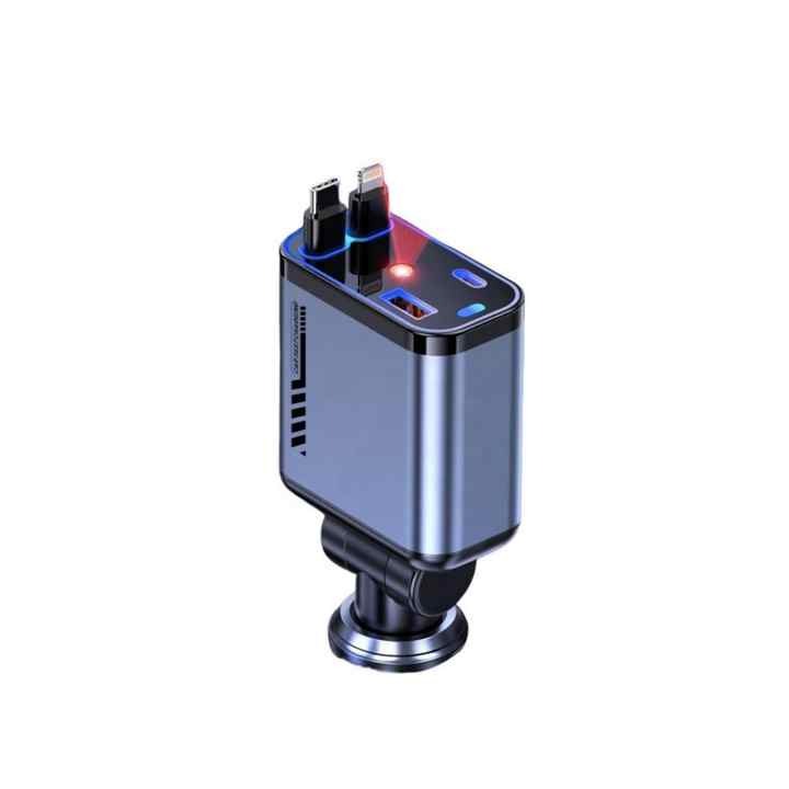 66W Retractable Car Charger with Type-C & Lightning Cables