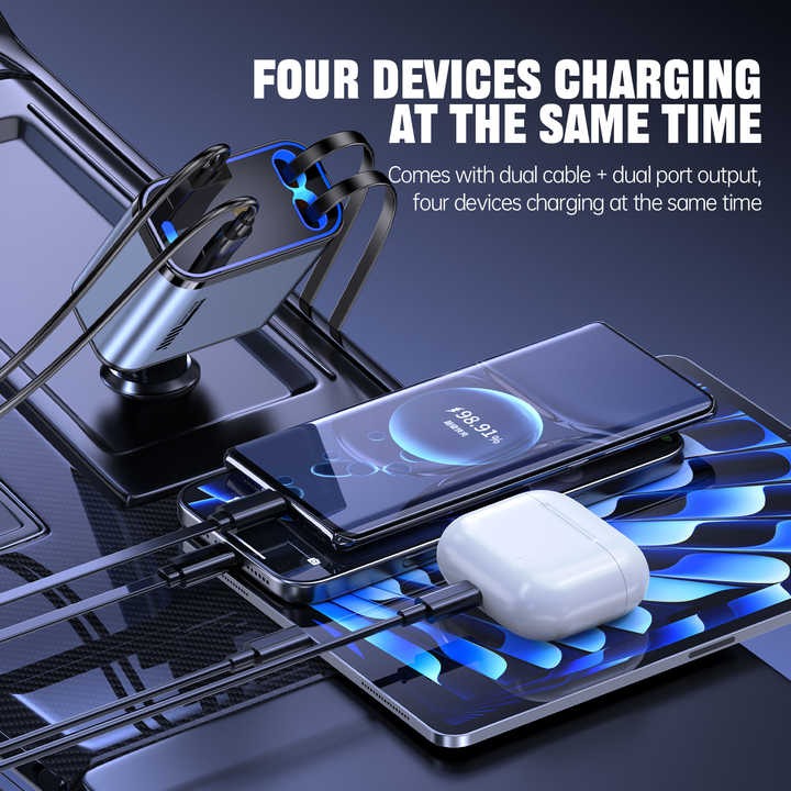 66W Retractable Car Charger with Type-C & Lightning Cables