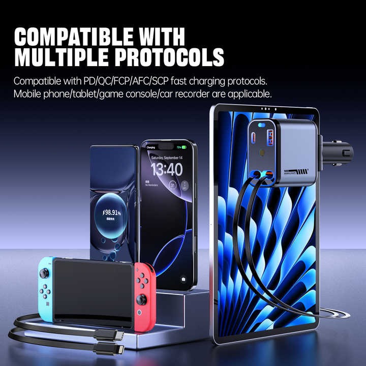 66W Retractable Car Charger with Type-C & Lightning Cables
