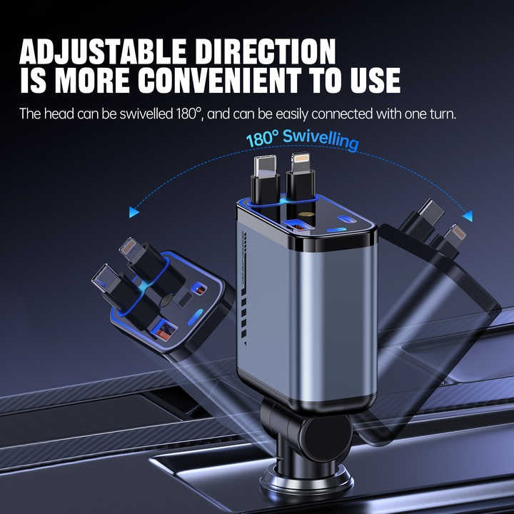 66W Retractable Car Charger with Type-C & Lightning Cables