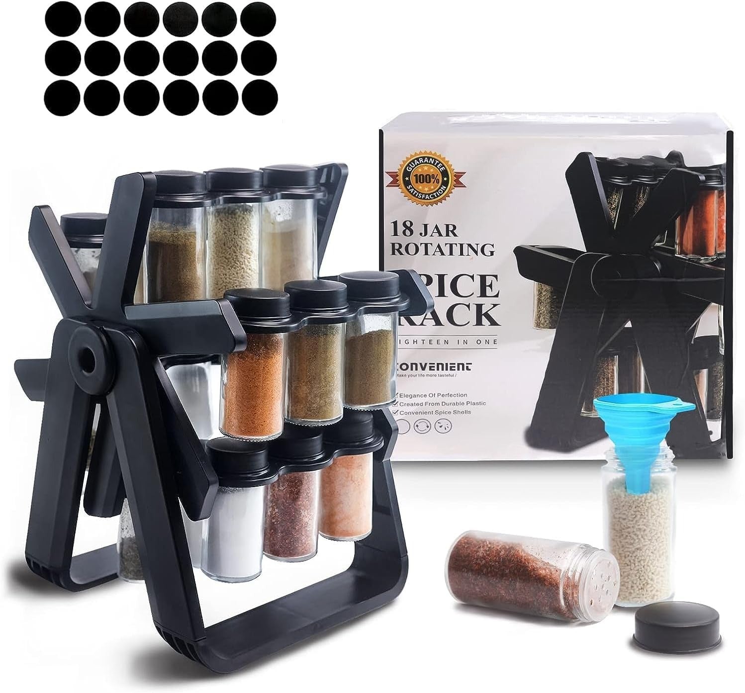 Ferris Wheel 360° Rotating Spice Rack with 18 Glass Jars & Labels