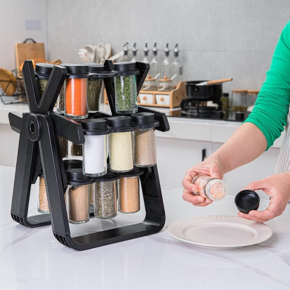 Ferris Wheel 360° Rotating Spice Rack with 18 Glass Jars & Labels
