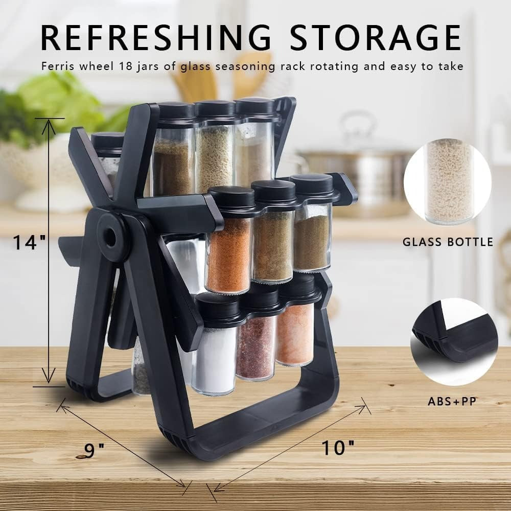 Ferris Wheel 360° Rotating Spice Rack with 18 Glass Jars & Labels